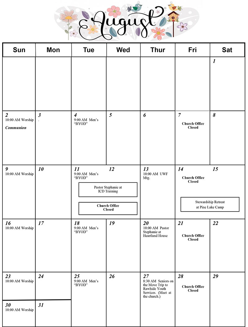 August 2026 Calendar - Grace UMC Wautoma